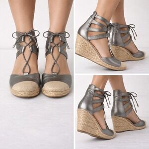 Vionic Espadrille Wedge Sandals Womens Pewter Metallic Leather Lace Up Comfort